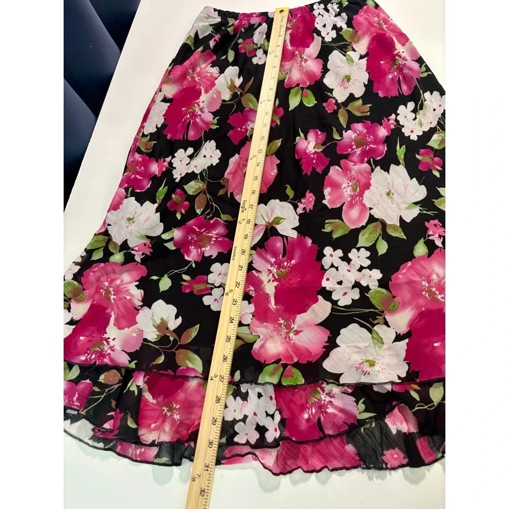 Black Floral Midi Skirt Women's Sz PM Flowy Ruffle Hem Boho Cottage Prairie - Picture 11 of 14